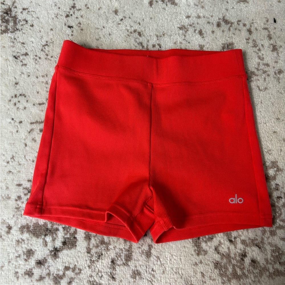 ALO Yoga Bright Red Ribbed High-Rise Bike Shorts